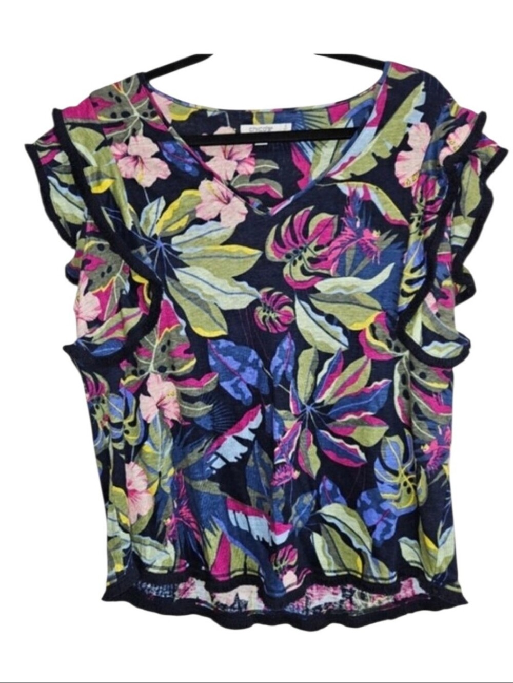 Chico's 100% Linen Blouse Floral Fringe Short Sleeve V-Neck Womens Large 2